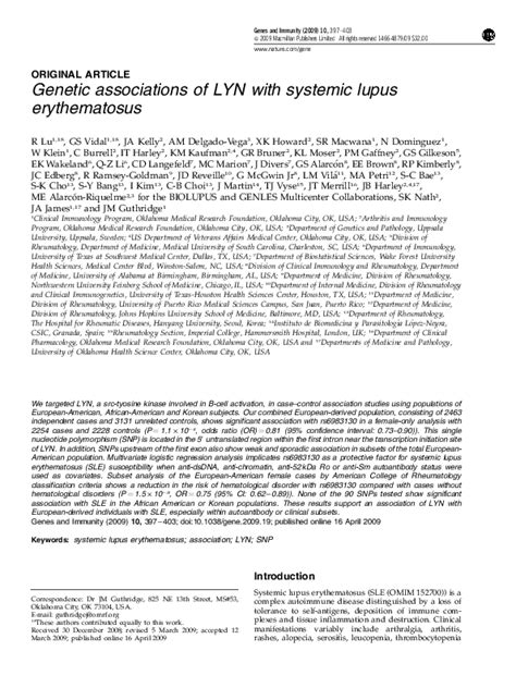 Pdf Genetic Associations Of Lyn With Systemic Lupus Erythematosus