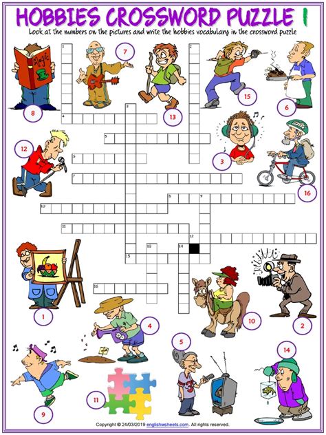 Hobbies Vocabulary Esl Crossword Puzzle Worksheets For Kidspdf