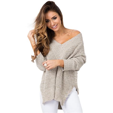 Autumn Winter Sweater Women V Neck Long Sleeve Side Pullovers Slit Knitted Sweater Ladies Casual