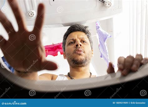 Bearded Man Using Washing Machine At Home Stock Image Image Of Beard