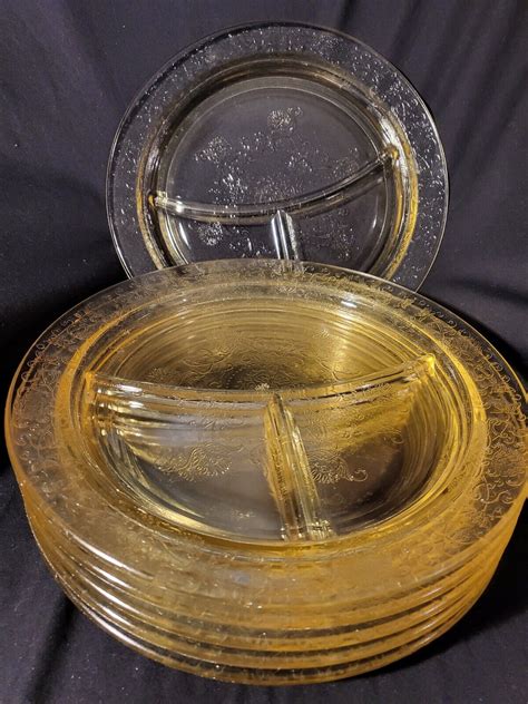 6 Hazel Atlas Yellow Poppy Depression Glass Florentine 3 Part Divided