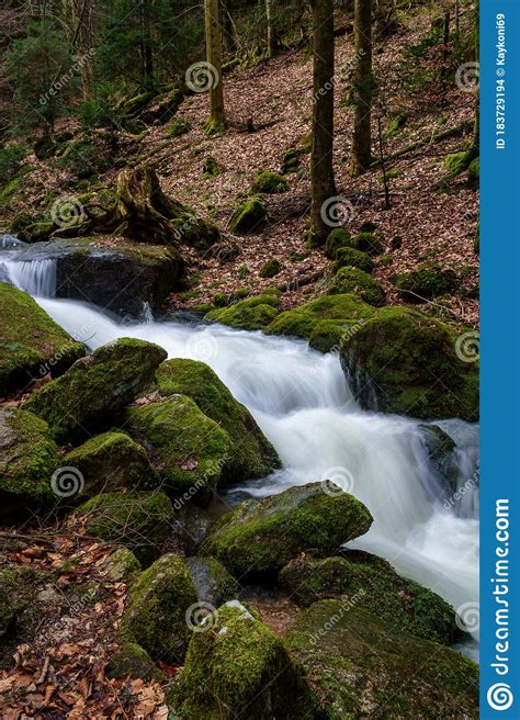 Gertelbach Waterfall In The Black Forest With Mossy Stones And Orange