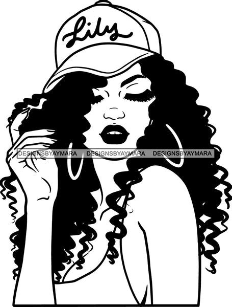 afro girl babe hoop earrings hat sexy lips long curly hair style b w s designsbyaymara