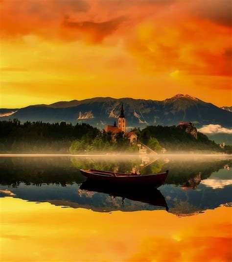 水域、 ブレッド、 スロベニア、 日の出、 霧、 霧、 H、 空、 雲、 島、 観光、 山、 森、 森、 木、 湖、 反射、 美しい