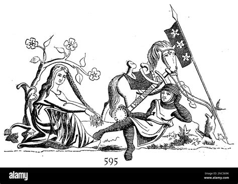 Courtly love. Woman under the safeguard of Knighthood. Engraving Stock