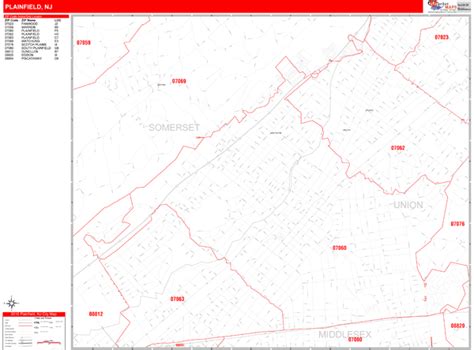 Plainfield New Jersey Zip Code Wall Map Red Line Style By Marketmaps