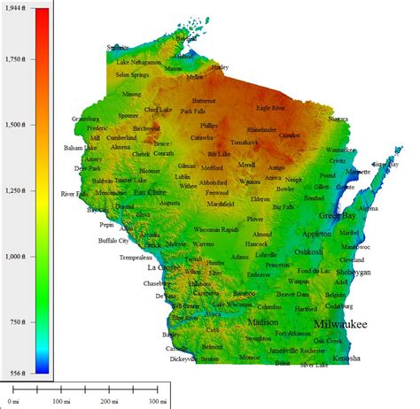 Elevation Map Of Wisconsin Usa Topographic Map Altitu
