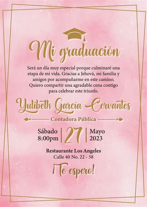 Invitación Graduación Rosa Con Dorado Y Birrete Mr En 2023