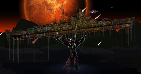 Evangelion Holds Up A Battleship In Crazy Terraria House