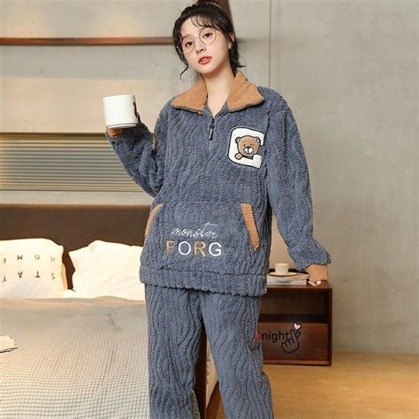 Buy Warm Women Pajama Set Winter Coral Fleece Home Clothes Flannel Sleepwear Oversized Nightwear