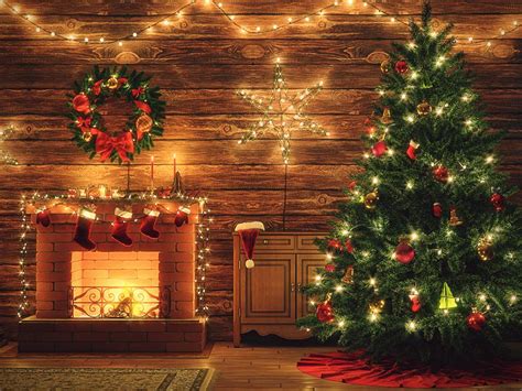 Christmas Tree Photography Xmas Lights Background Fireplace Closet Wood