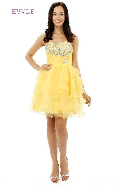 Yellow Homecoming Dresses A Line Sweetheart Organza Beaded Crystals