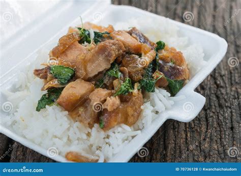 Crispy Pork With Basil Fried Rice In Foam Box Stock Photo Image Of