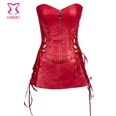 Side Lace Up Hollow Out Zipper Red Faux Leather Corset Dress Gothic Sexy Corsets And Bustiers