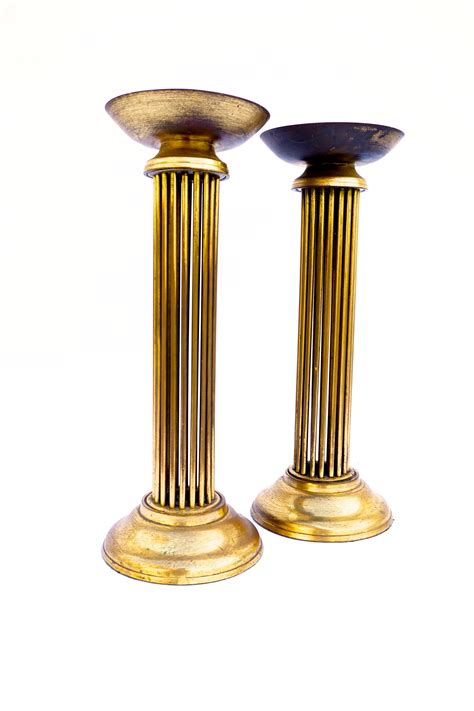 Stately Vintage Solid Brass Pillar Candle Holders Art Deco Etsy