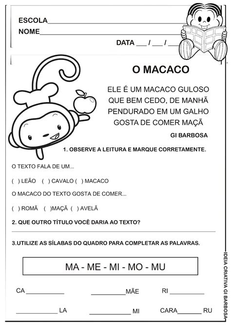 Atividade De Português 1º Ano Leitura E Interpretação Letra M 34e