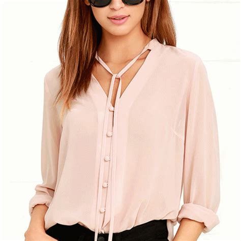 Womens Casual Loose Tops Pink Long Sleeve Shirt Chiffon V Neck Blouse