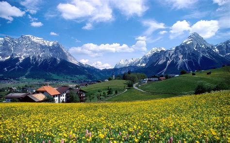 Hd Wallpaper Landscape Spring Mountain Village With Snow Mountains
