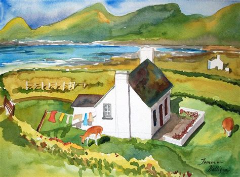 Irish Cottage By The Sea In Watercolor Cottage Drawing Irish Cottage