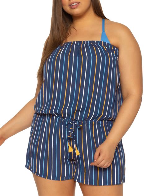 Bca Womens Plus Size Jaquelin Striped Sleeveless Romper Swimsuit Cover