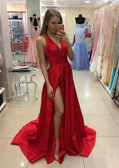 Stylish Red Prom Dressa Line V Neck With Slit Long Prom Dresses2016