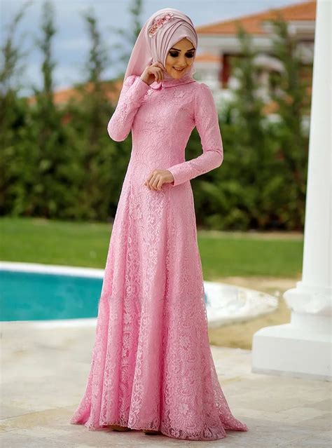 New Pink Lace Long Sleeve Muslim Evening Dresses 2017 Pink Hijab
