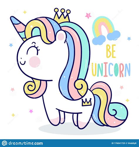 Cute Unicorn Doodle Pony Child Cartoon With Cloud Fairytale Animal