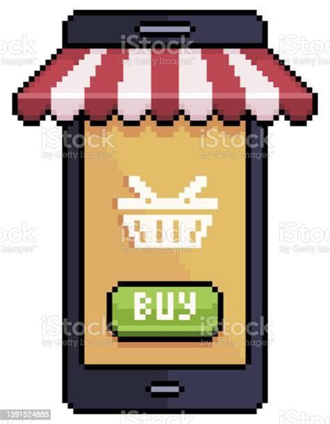 Pixel Art Smartphone With Shop Awning Vector Icon For 8bit Game Stock