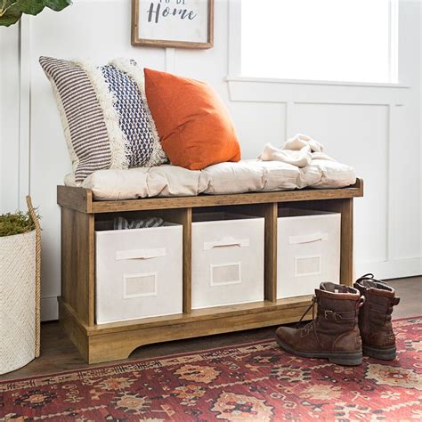 Rustic Oak Storage Bench With Totes And Cushion Oak Storage Bench