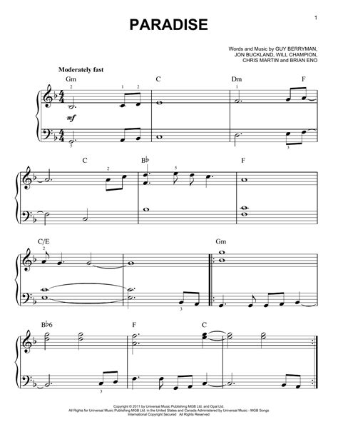 Paradise Sheet Music By Coldplay Easy Piano 92385