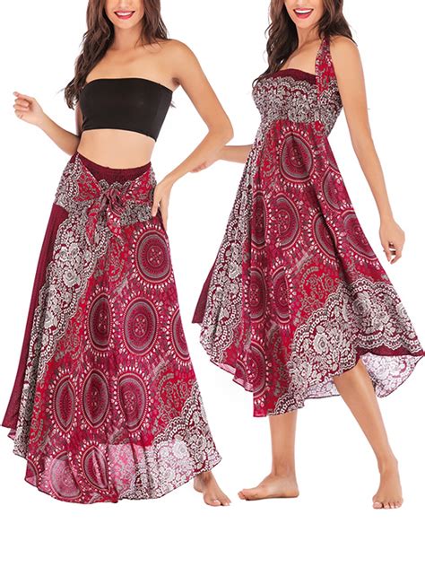 Summer Boho Women Bohemian Full Maxi Long Gypsy Skirt Chiffon Elegant Floral Print Casual Two