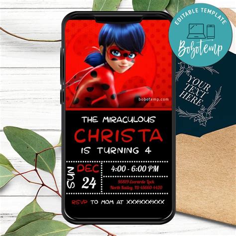 Miraculous Ladybug Birthday Electronic Invite Invitation Diy