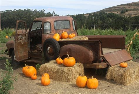 Laeacco Autumn Rural Farm Pumpkins Haystacks Truck Photography