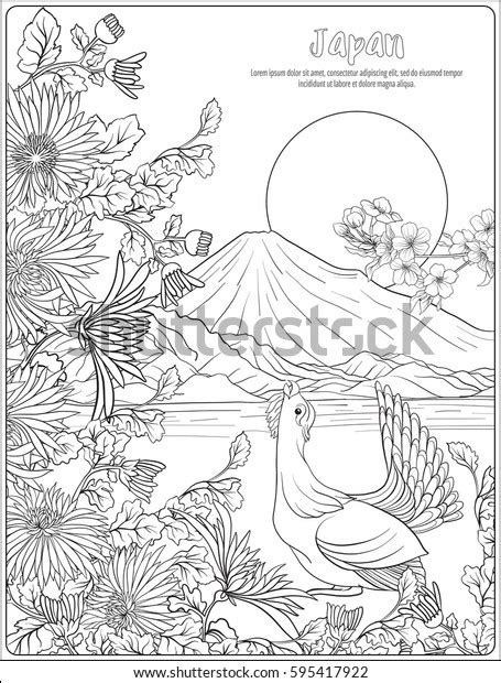 Japanese Landscape With Mount Fuji And Tradition Flowers And A Bird Outline Drawing Coloring