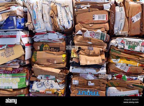 Stacks Of Compacted Cardboard Boxes Waiting For Recycling Stock Photo