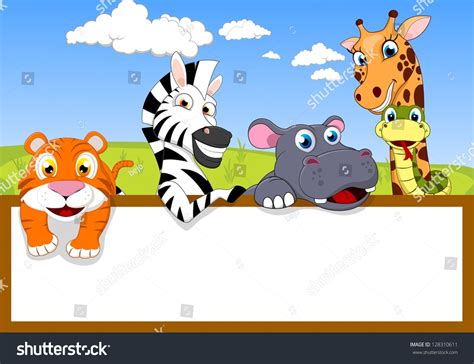 Zoo Animal Cartoon Blank Sign Stock Vector 128310611