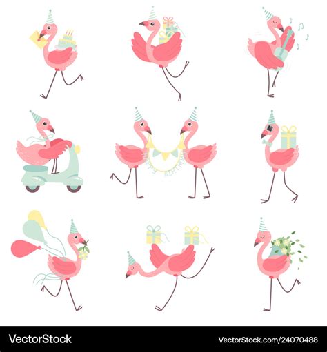 Cute Flamingos In Party Hats Set Beautiful Exotic Vector Image