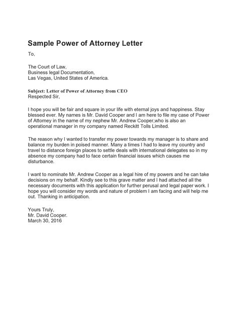 Power Of Attorney Letter Template