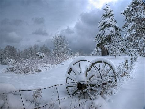 Countryside Winter Snow Fence Landscape Trees Wheels Hd Wallpaper