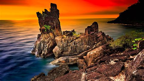 Thailand Horizon Landscape With Rock And Sea During Sunset Hd Nature