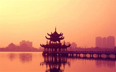 Wallpaper Temple Sunset Cityscape China Water Reflection