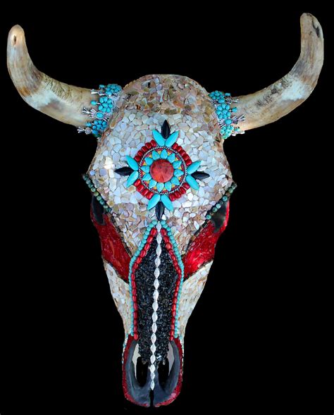 Decorated Mosaic Cow Skull Southwestern Native American Style Cow