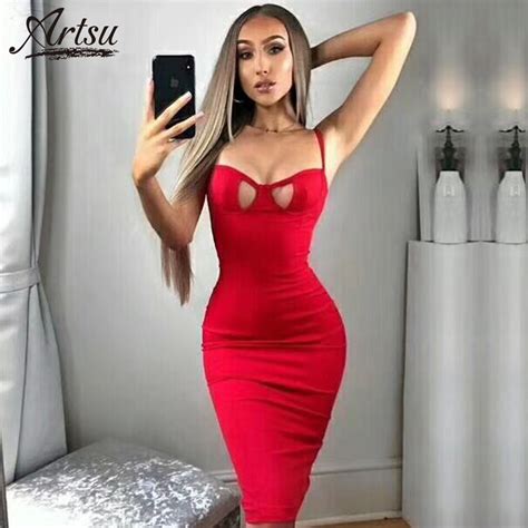 Artsu New Red Sexy Spaghetti Strap Dress Nightclub 2018 Tight Backless