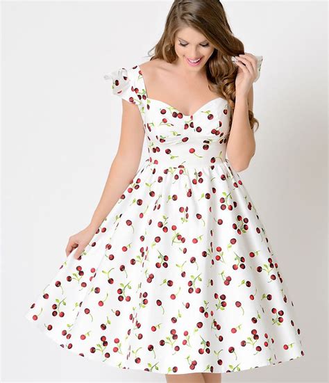 New Stop Staring Ella Swing Dress Large Cherry Print 1950s White Flutter Pinup L Dresses