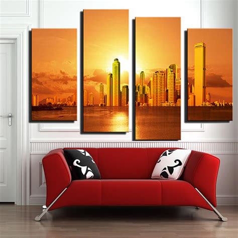 4 Panel Beautiful City With Sunset Large Picture Modern Home Wall Decor