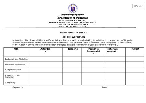 Be Form 2 Form For Brigada Eskwela Teaching Science In Elementary