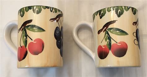 Dansk Large Coffee Mugs 5 Tall Lot Of 2 Fruit Design Made In Italy For