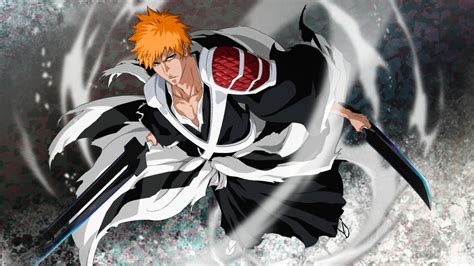 An Anime Character With Orange Hair And Black Eyes Holding Two Swords