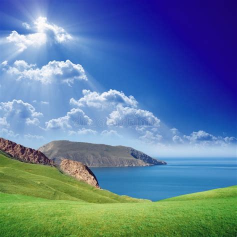 Green Hills Blue Sea And Sky Stock Image Image Of Grassland