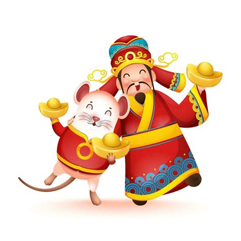 Happy Chinese God Of Wealth With Cartoon Rat Holding Ingots On White